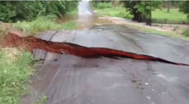 The roadway was pushing up from the force of the floodwater. Source: Facebook/Allen Laneigh Childers