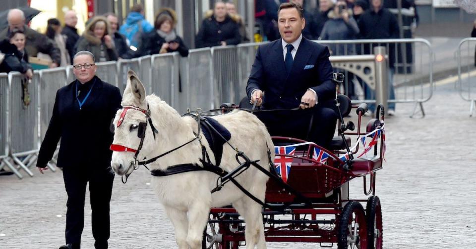 Not horsing around: David Walliams rides majestically atop a donkey-drawn carriage to the Britain's Got Talent launch (Copyright: MCPIX/REX/Shutterstock)