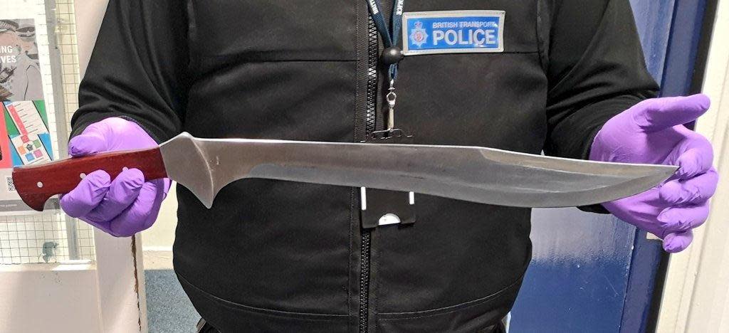 British Transport Police have released an image of a 15-inch machete seized from a man travelling on a train. (Essex Police/PA)