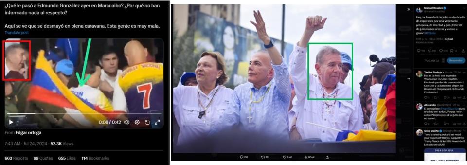 <span>Comparación entre capturas de pantalla de una publicación en X (I) y de una entrada de la cuenta en X de Comando con Venezuela, hecha el 25 de julio de 2024</span>