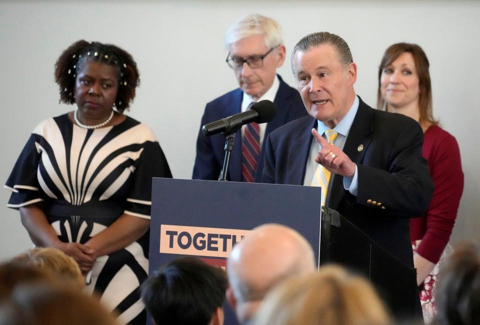 Ald. Bob Donovan speaks before Gov. Tony Evers signs two reckless driving bills he into at The Grace Center in Milwaukee on Wednesday, May 10, 2023.