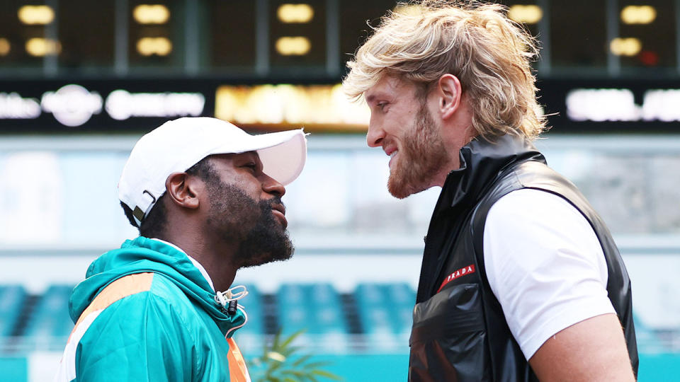 Floyd Mayweather (pictured left) and Logan Paul (pictured right) face off.