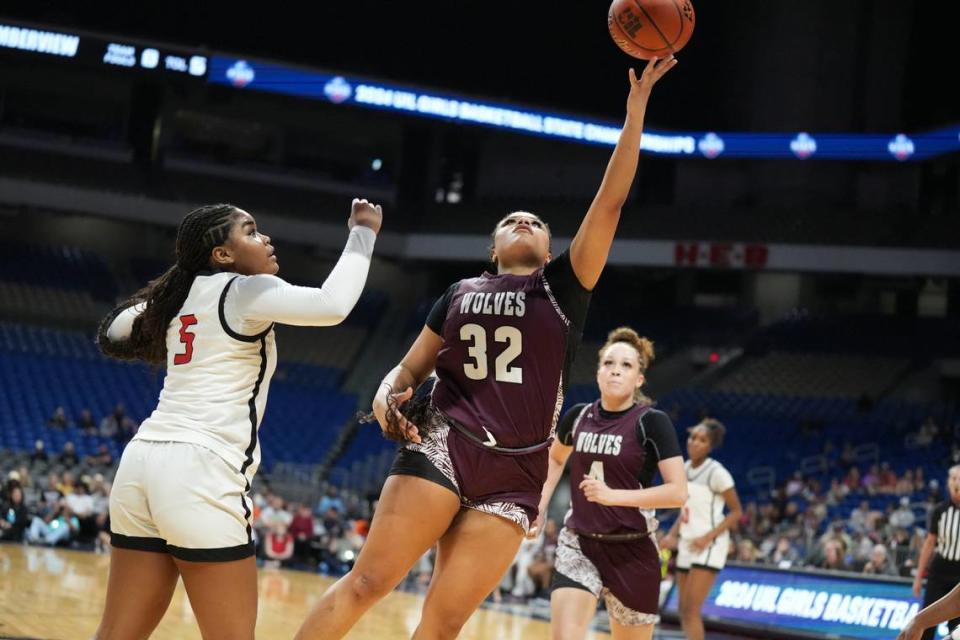 Mansfield Timberview forward Emilee Jones goes up for two of her team-high 23 points against Frisco Liberty in the Class 5A state championship game on Saturday, March 2, 2024 at the Alamodome in San Antonio, Texas. Liberty rallied to defeat Timberview 60-51.