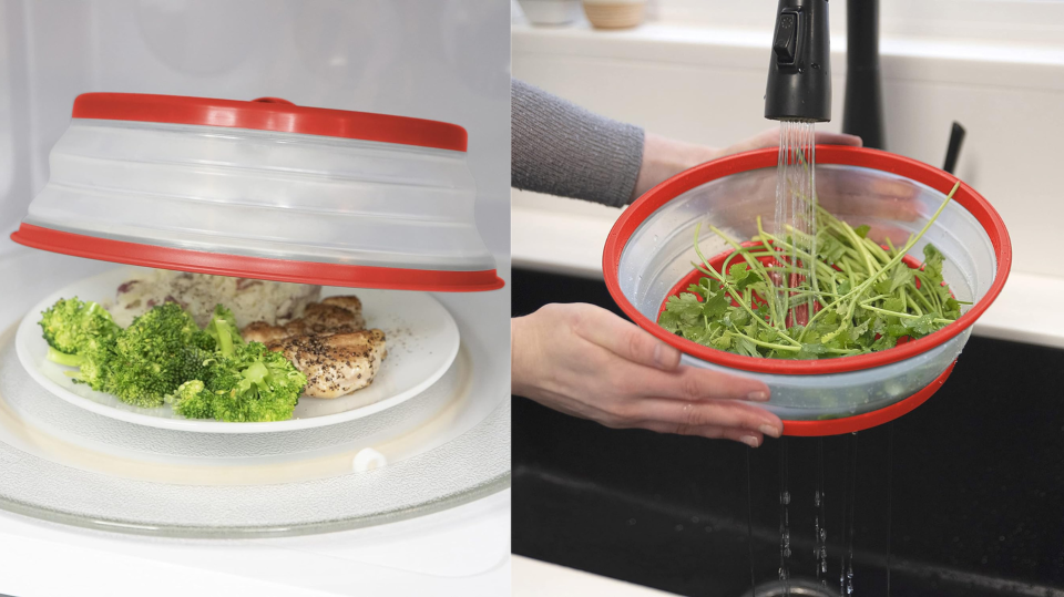 the red microwave cover over a plate of food / the microwave cover being used as a colander for greens