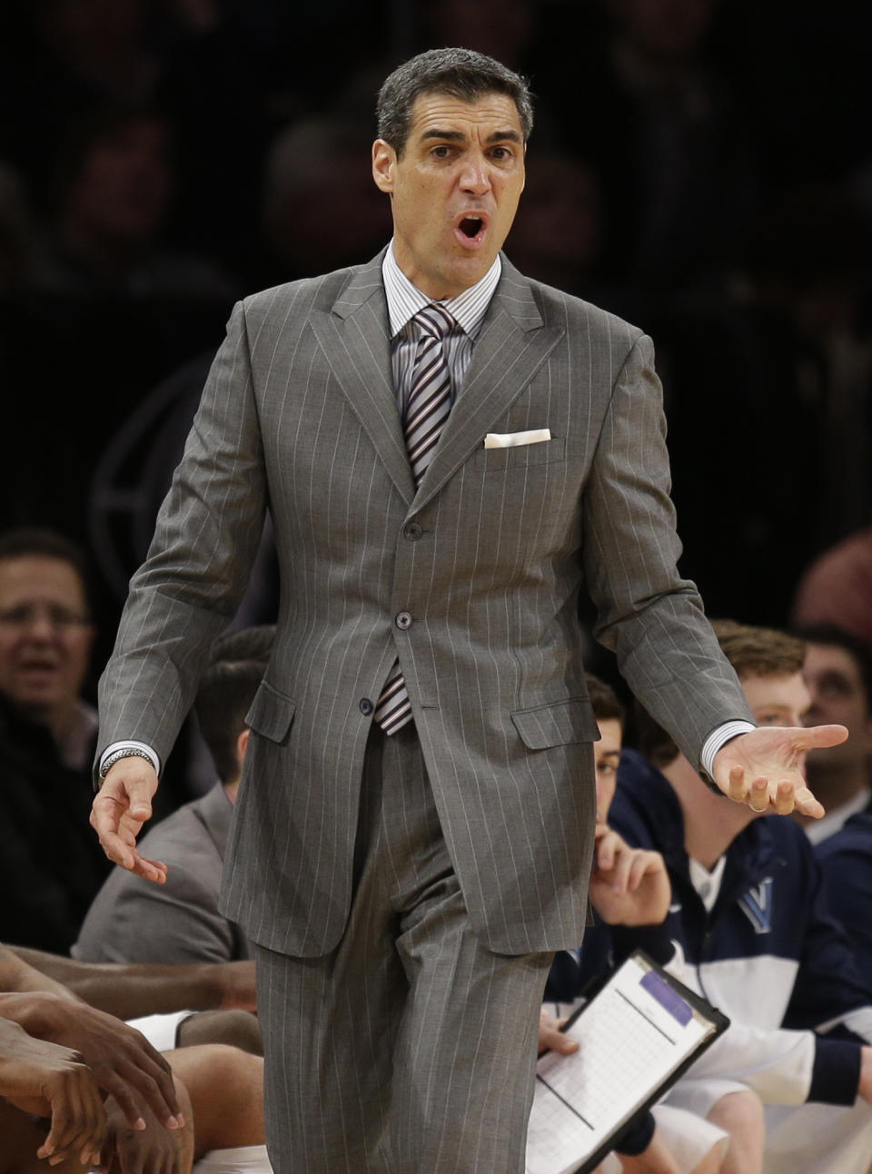 Villanova head coach Jay Wright yells during the first half of an NCAA college basketball game against Seton Hall in the second round of the Big East Conference tournament at Madison Square Garden, Thursday, March 13, 2014, in New York. (AP Photo/Seth Wenig)