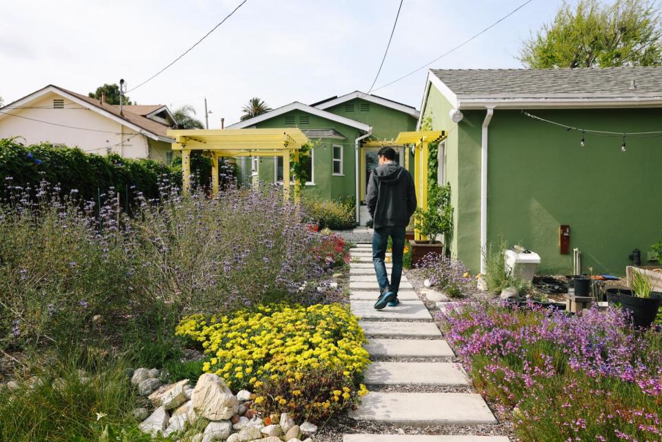 A man walks on a path through a garden area.