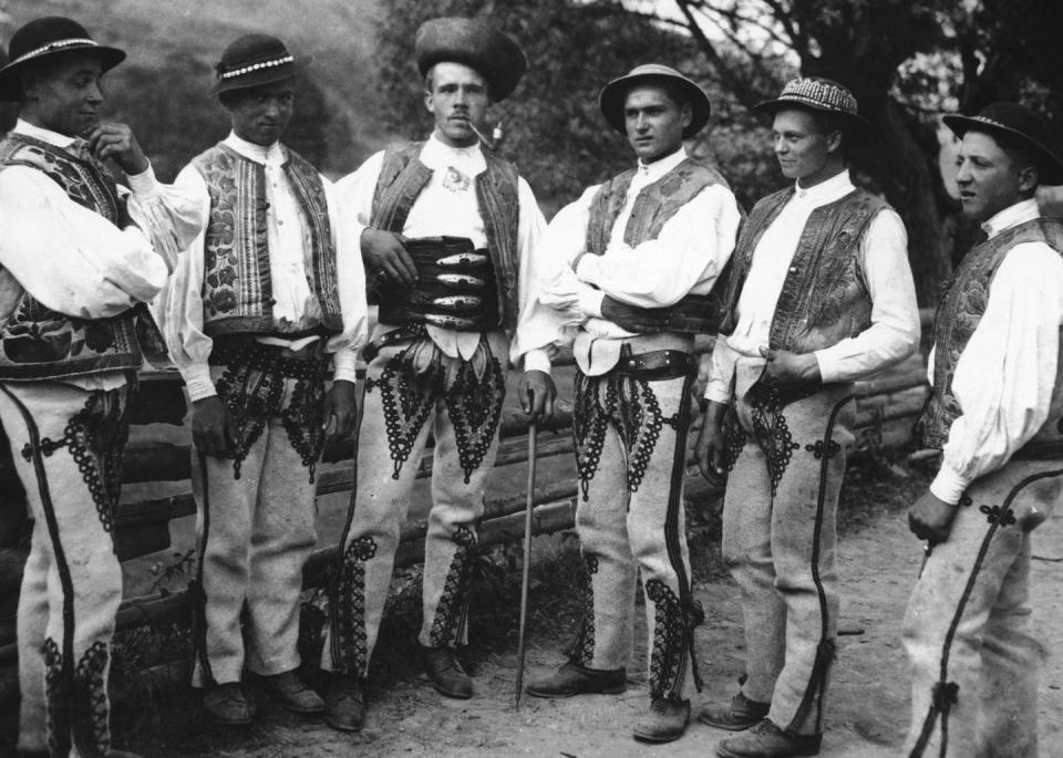 <p>A group of Slovakian men, all donning traditional garb, gather in Spis County in north-eastern Slovakia.</p>