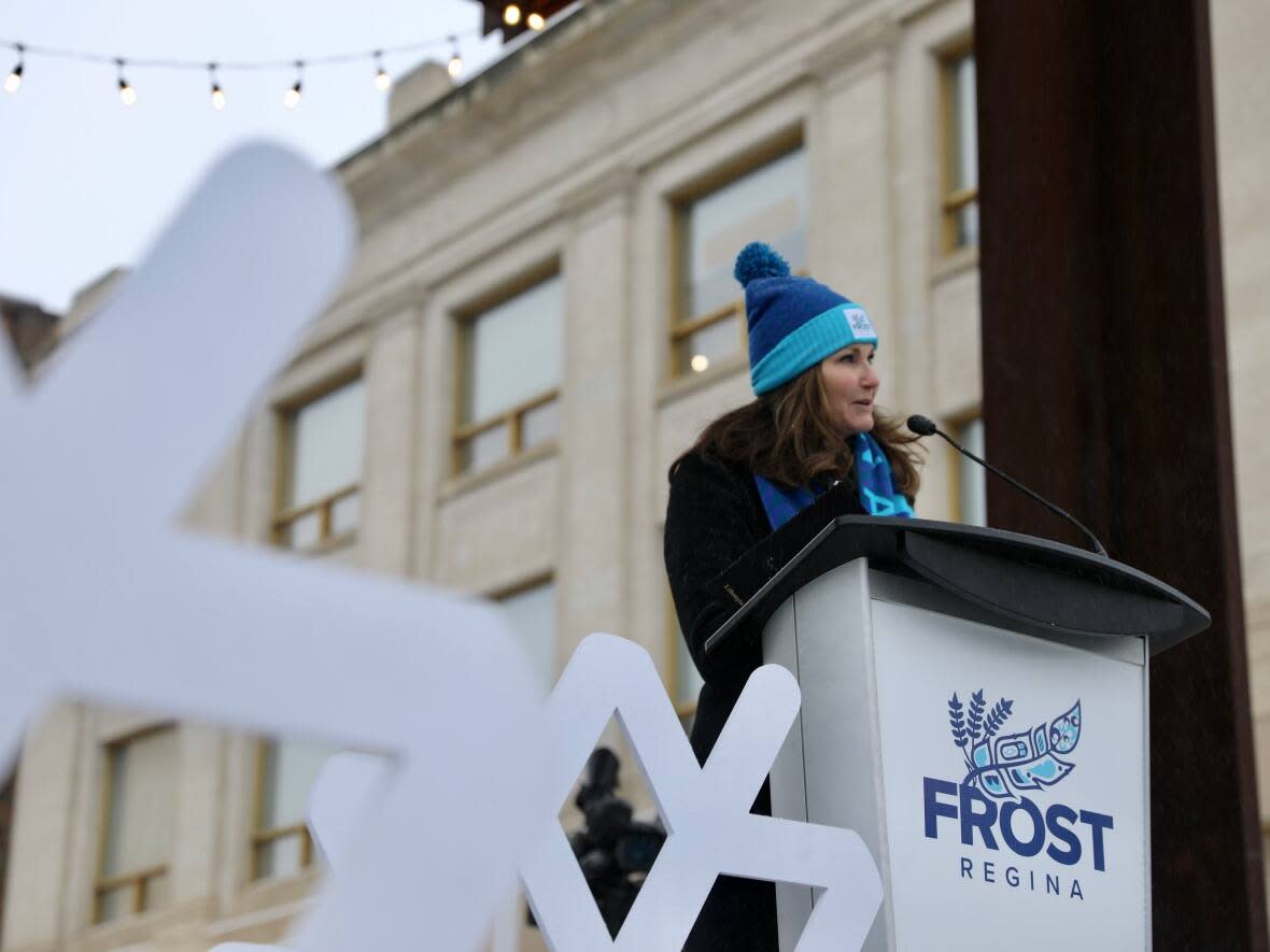 Regina Mayor Sandra Masters announces the return of Frost Regina on Monday.  (Alexander Quon/CBC - image credit)