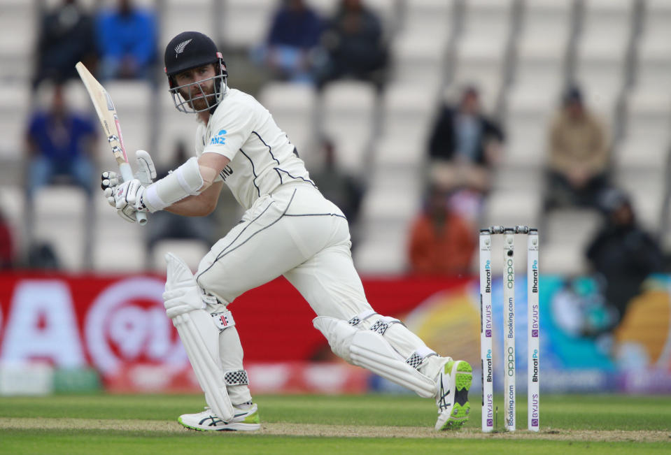New Zealand's captain Kane Williamson bats during the fifth day of the World Test Championship final cricket match between New Zealand and India, at the Rose Bowl in Southampton, England, Tuesday, June 22, 2021. (AP Photo/Ian Walton)