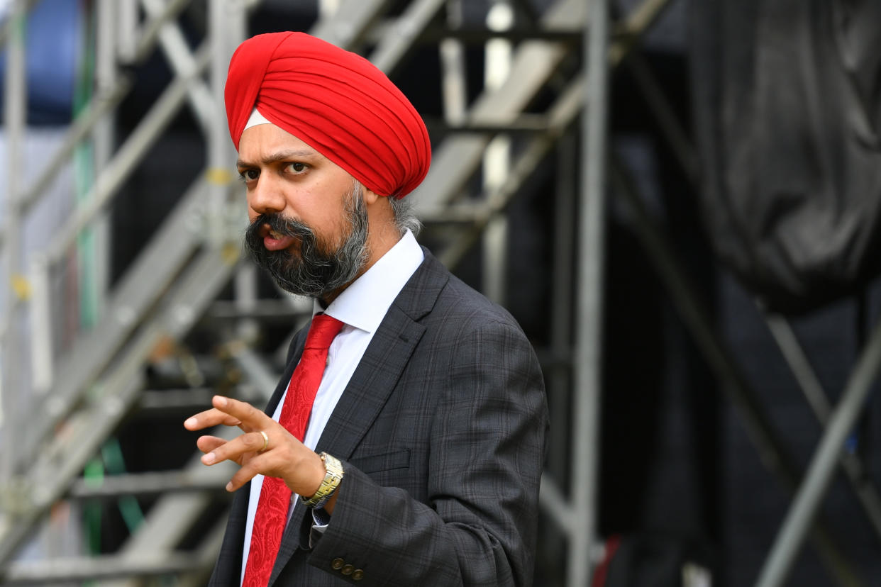 Tanmanjeet Singh Dhesi, Labour MP, for Slough, speaks to the media outside the Houses of Parliament in Westminster, London.