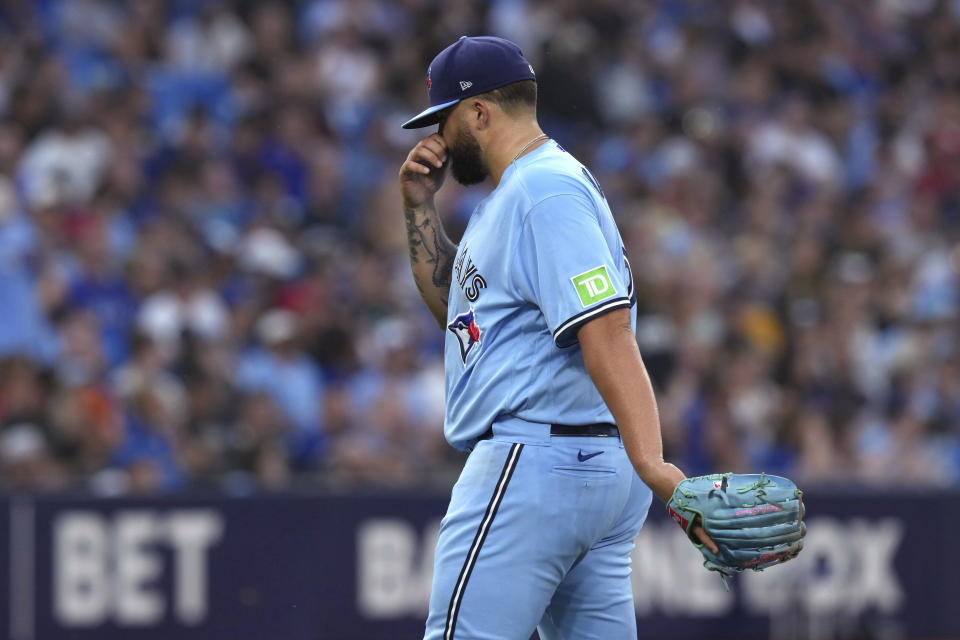 Toronto Blue Jays starting pitcher Alek Manoah leaves during the fourth inning of the team's baseball game against the San Diego Padres on Tuesday, July 18, 2023, in Toronto. (Chris Young/The Canadian Press via AP)