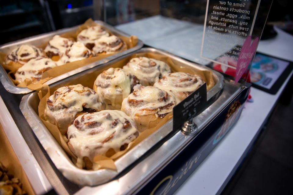 Freshly baked cinnamon rolls ready for purchase at Cinnabon inside Pilot Travel Center in Holland, Mich.