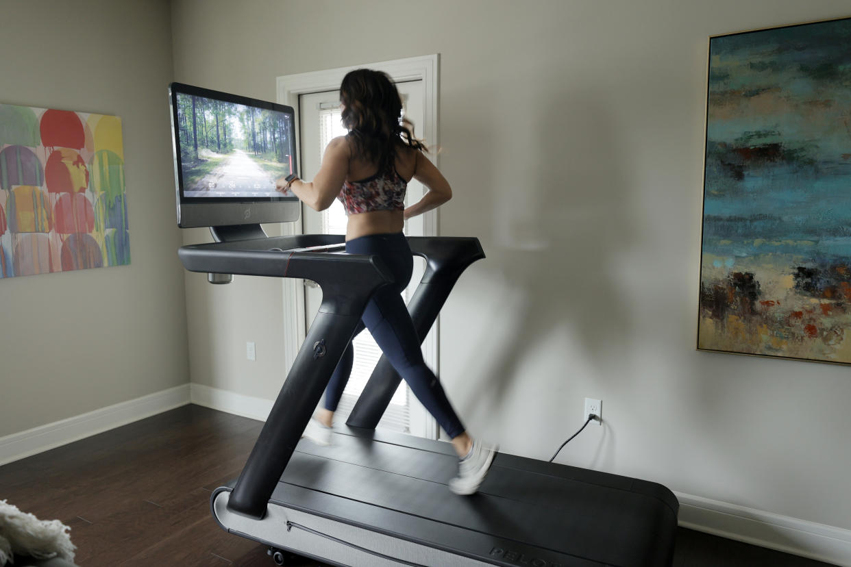 WILLIAMSTOWN, NEW JERSEY - MAY 24: Liza Lecher works out on her Peloton Tread+ treadmill on May 24, 2021 in Williamstown, New Jersey. Earlier this month, Peloton recalled its Tread and Tread+ treadmills due to multiple injuries and the death of a child, after initially resisting a U.S. safety agency’s warning about the machines. (Photo by Michael Loccisano/Getty Images)