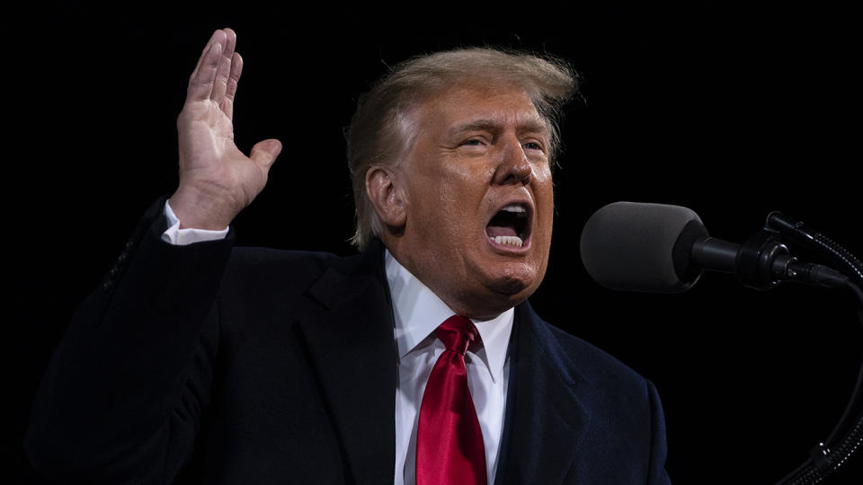 President Donald Trump speaks at a campaign rally for Senate Republican candidates, Sen. Kelly Loeffler, R-Ga., and Sen. David Perdue, R-Ga., at Valdosta Regional Airport on Dec. 5, 2020, in Valdosta, Ga. (Evan Vucci/AP)