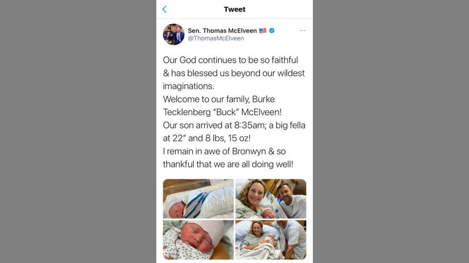 State Sen. Thomas McEleveen announced via Twitter he and his wife, Bronwyn, had their third child on Wednesday.