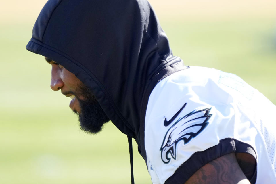 Philadelphia Eagles linebacker Haason Reddick stretches during an NFL football Super Bowl team practice, Wednesday, Feb. 8, 2023, in Tempe, Ariz. The Eagles will face the Kansas City Chiefs in Super Bowl 57 Sunday. (AP Photo/Matt York)