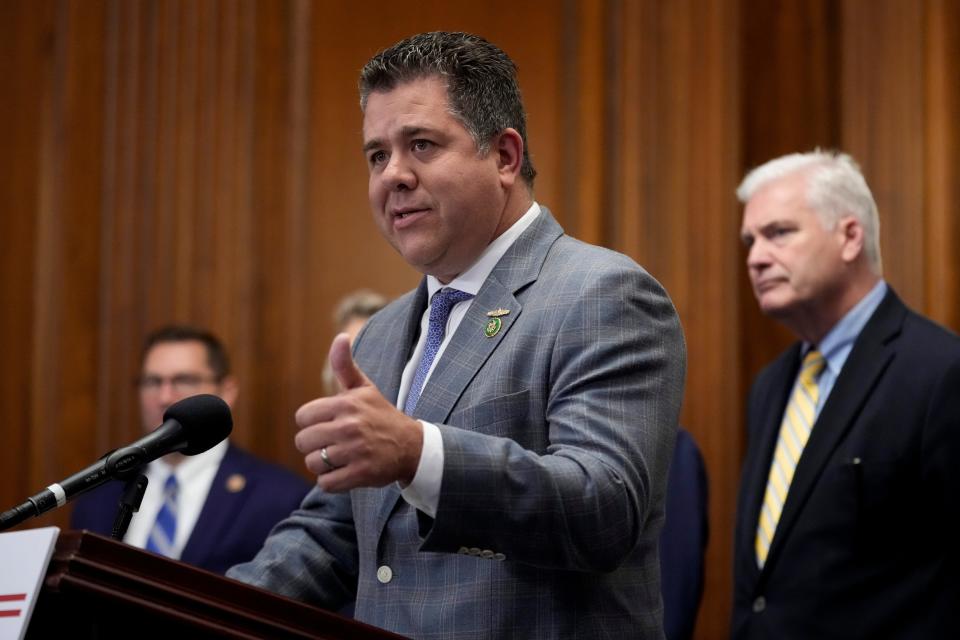 Rep. Nick LaLota, R-N.Y., speaks during a news conference after the House approved an annual defense bill, Friday, July 14, 2023, on Capitol Hill in Washington. (AP Photo/Patrick Semansky)