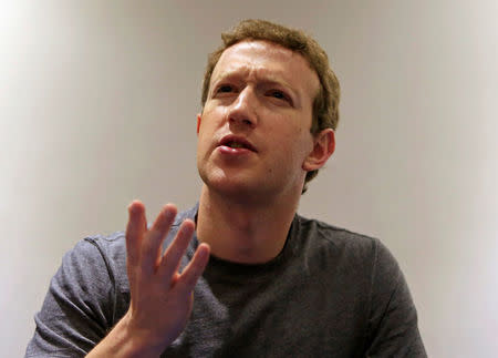 FILE PHOTO: President, founder and CEO of Facebook Mark Zuckerberg speaks during a Reuters interview at the University of Bogota January 14, 2015. REUTERS/Jose Miguel Gomez/File photo