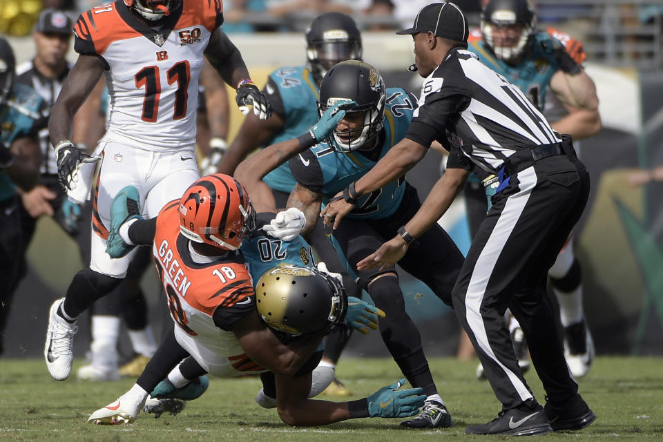 Cincinnati Bengals wide receiver A.J. Green and Jacksonville Jaguars cornerback Jalen Ramsey got in a fight Sunday. (AP)