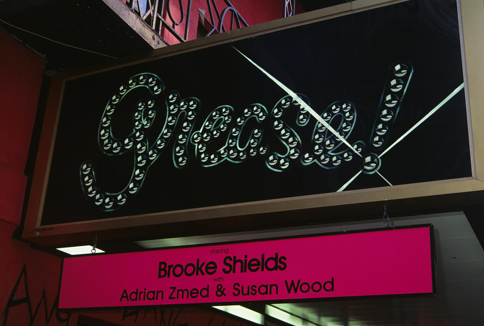 Marquee sign for "Grease!" with Brooke Shields, Adrian Zmed, and Susan Wood