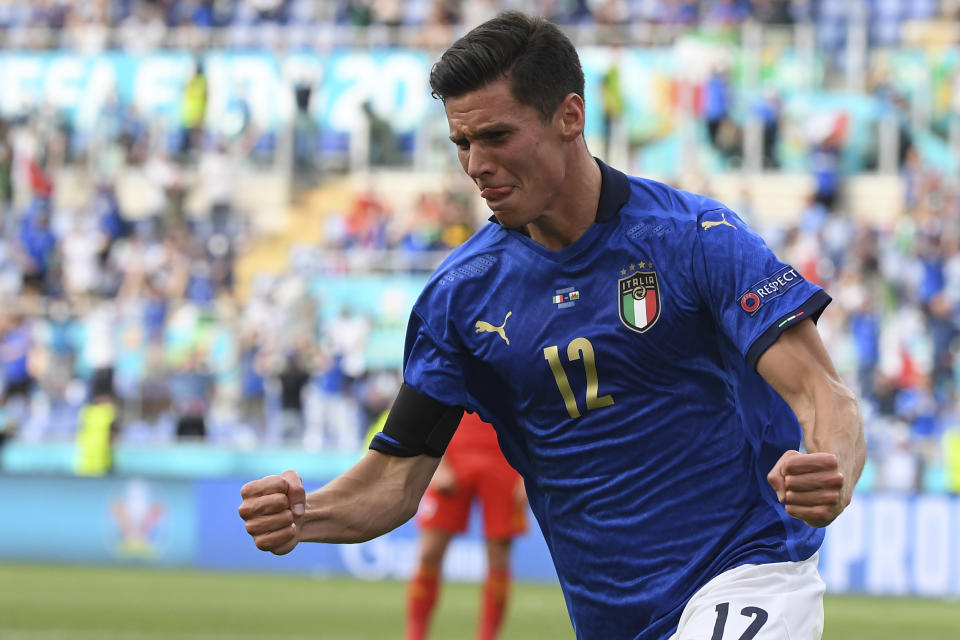 Italy's Matteo Pessina celebrates after scoring his side's opening goal during the Euro 2020 soccer championship group A match between Italy and Wales at the Stadio Olimpico stadium in Rome, Sunday, June 20, 2021. (Alberto Lingria/Pool via AP)