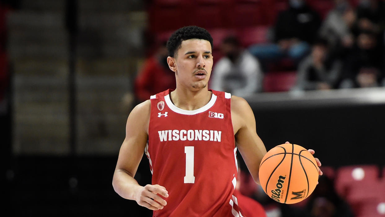 Wisconsin's Johnny Davis against Maryland in the first half of an NCAA college basketball game on Sunday, Jan. 9, 2022, in College Park, Md. (AP Photo/Gail Burton)