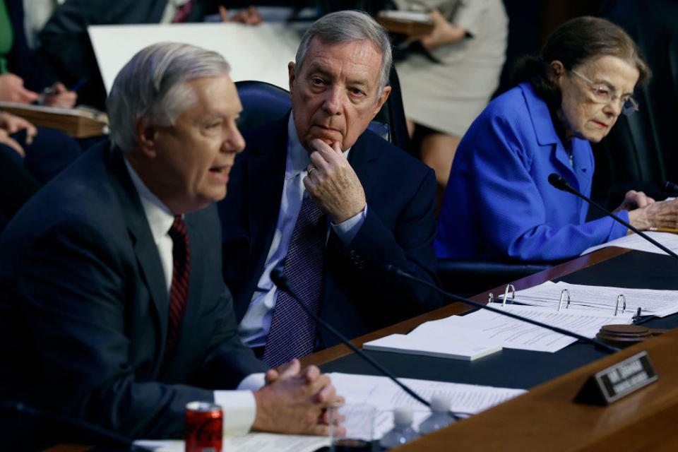 Senate Judiciary Committee ranking member Sen. Lindsey Graham, Chairman Richard Durbin and Sen. Dianne Feinstein at a committee business meeting to debate Supreme Court ethics reform in the Hart Senate Office Building on Capitol Hill on July 20, 2023, in Washington, D.C. / Credit: Chip Somodevilla/Getty Images