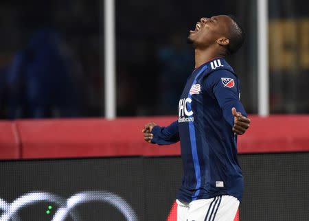 May 12, 2018; Foxborough, MA, USA; New England Revolution forward Cristian Penilla (70) reacts after scoring a goal during the first half against Toronto FC at Gillette Stadium. Mandatory Credit: Bob DeChiara-USA TODAY Sports