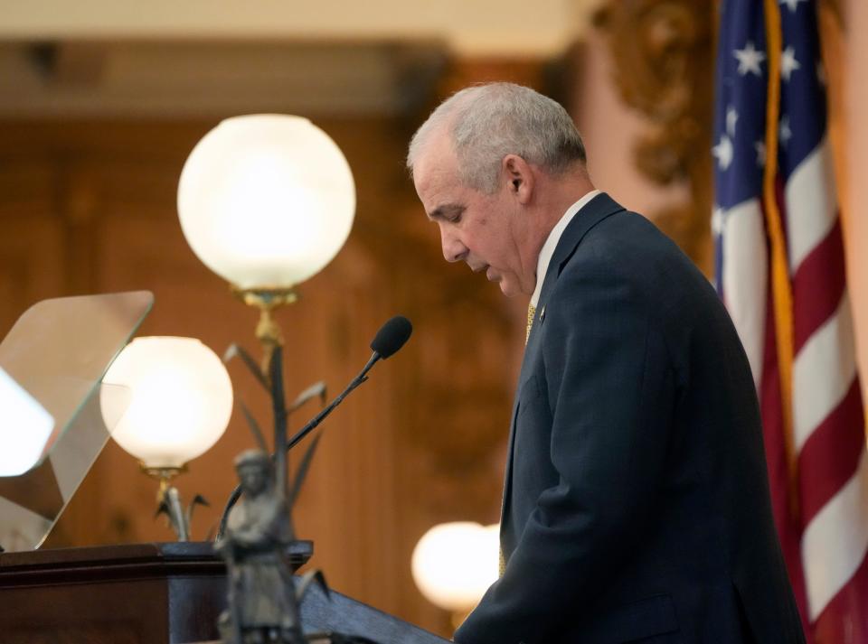 Jan. 31, 2023; Columbus, Ohio, USA; Senate President Matt Huffman addresses those in attendance for the State of the State address at the Ohio Statehouse on Tuesday. Mandatory Credit: Barbara J. Perenic/Columbus Dispatch