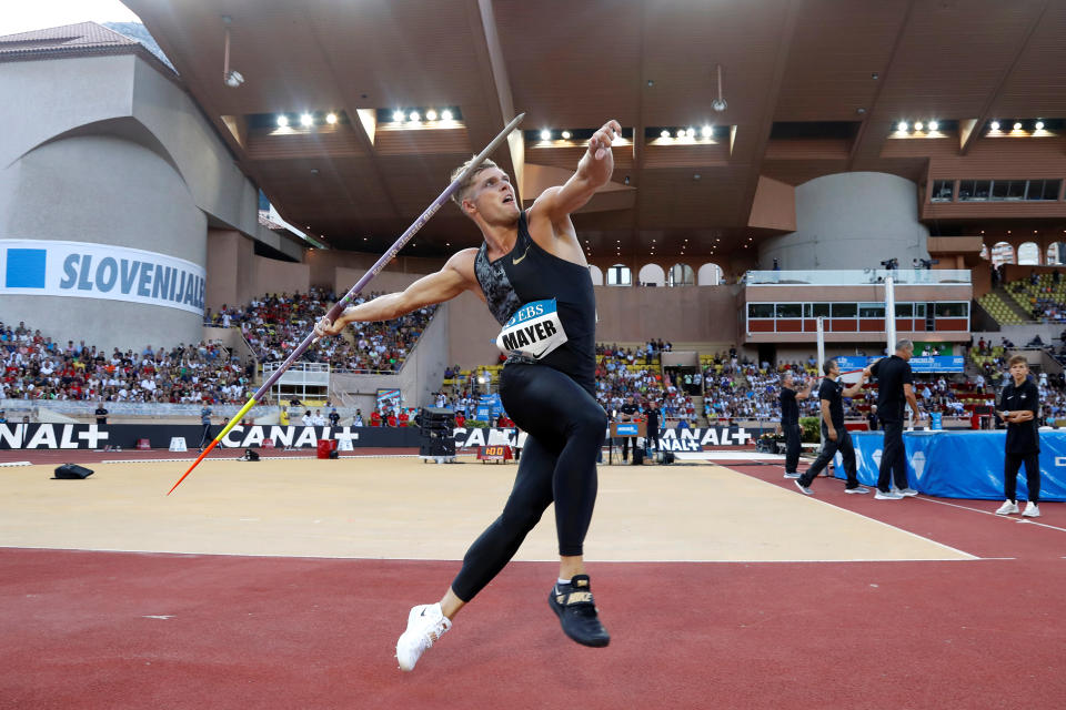 Athletics - Diamond League - Monaco - Stade Louis II, Monaco - July 12, 2019 France's Kevin Mayer in action during the Men's Javelin Throw REUTERS/Eric Gaillard