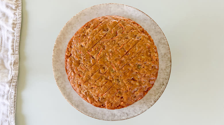 Vegan carrot cake layer on serving platter