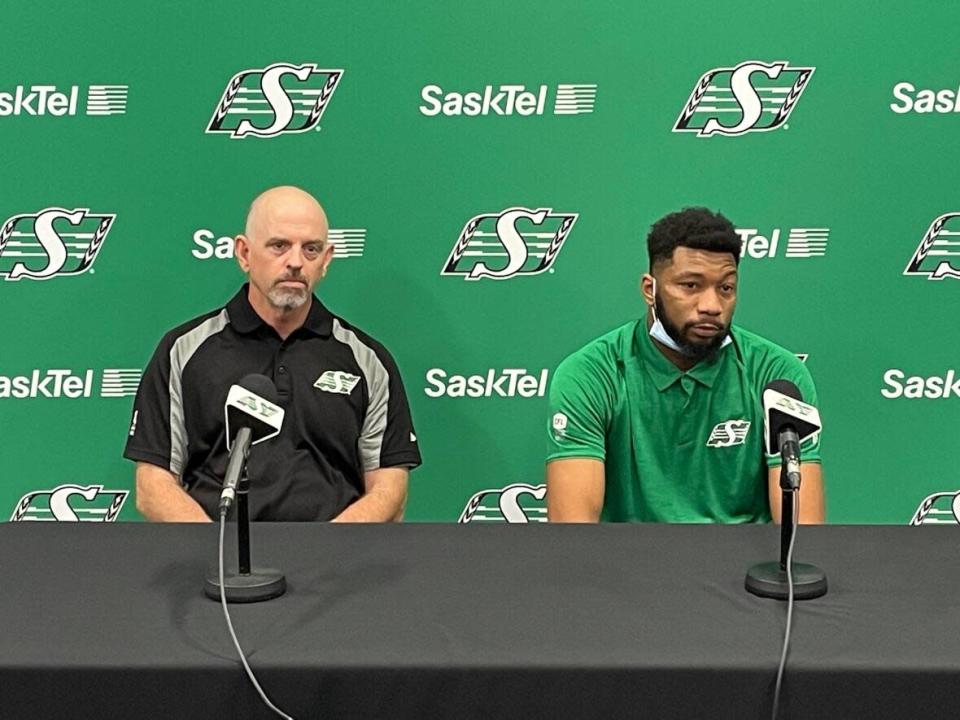 Saskatchewan Roughriders&#39; defensive back Loucheiz Purifoy said he was detained for &#39;breaching the peace&#39; after a disturbance at a Regina restaurant on Sunday that ended in an assault charge against a woman. (Jessie Anton/CBC News - image credit)