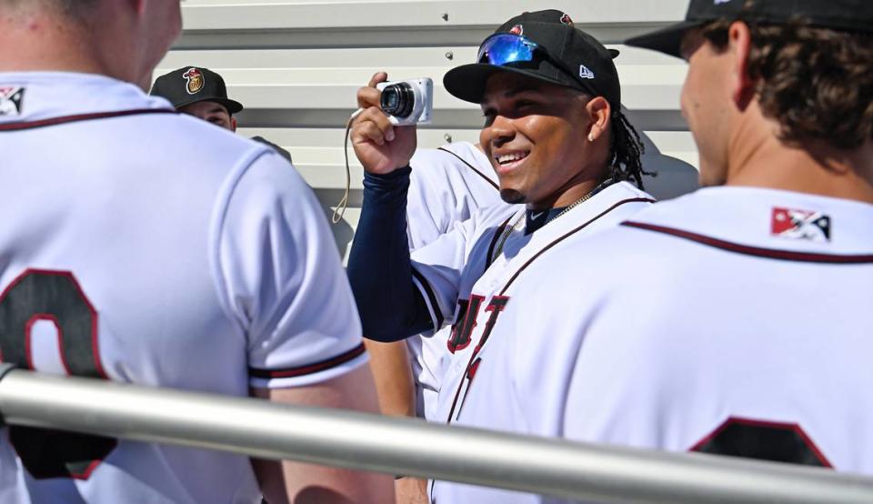 Modesto Nuts infielder Michael Arroyo has fun with teammates during media day at John Thurman Field in Modesto, Calif., Tuesday, April 2, 2024.