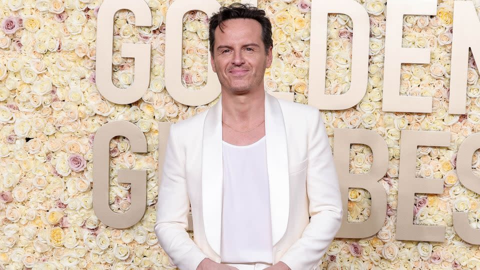 Andrew Scott went for an all-white look with his Valentino ensemble. - John Salangsang/Golden Globes/Getty Images