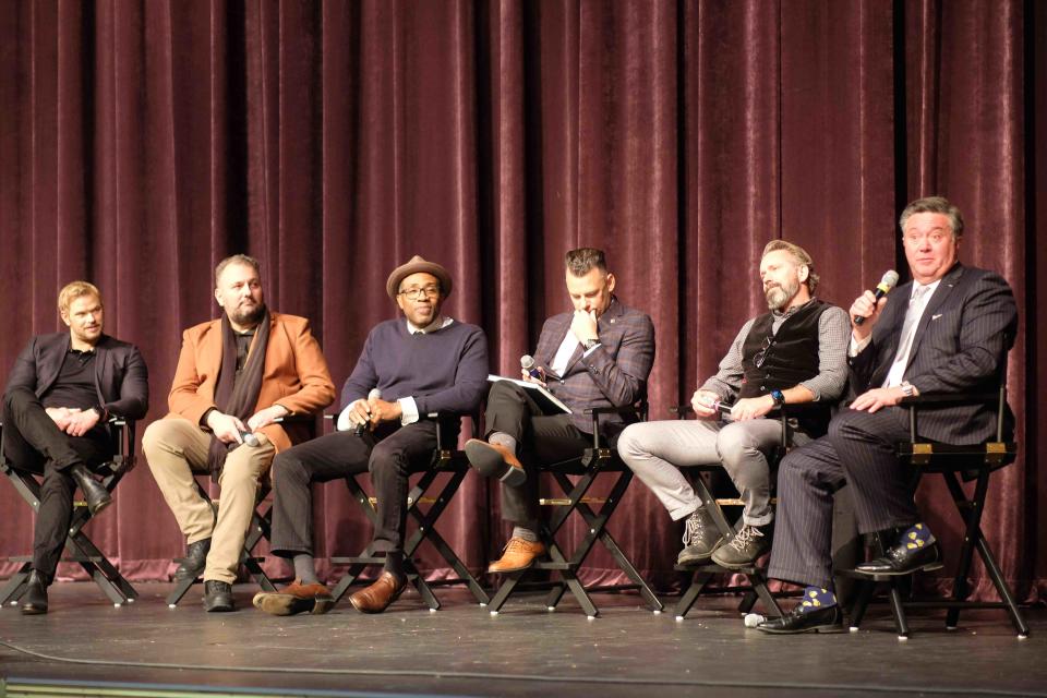 Sean Doherty, CEO of Sharpened Iron Studios, addresses the audience with the cast and crew of his first feature film, "What Remains," after the Amarillo premiere Thursday night at the Globe-News Center for the Performing Arts in downtown Amarillo.