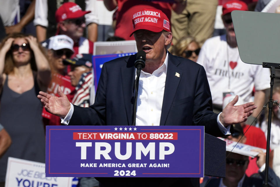 Republican presidential candidate former President Donald Trump speaks at a campaign rally in Chesapeake, Va., Friday, June 28, 2024. (AP Photo/Steve Helber)