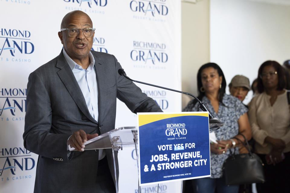 FILE - Alfred Liggins, III, CEO of Urban One, Inc., speaks about plans for a resort, casino, and entertainment complex during a news conference, Aug. 31, 2023, in Richmond, Va. Voters in Virginia's capital city will decide on Tuesday, Nov. 7, whether developers can move forward with a proposed $562 million resort casino along Interstate 95. (Mike Kropf/Richmond Times-Dispatch via AP, File)