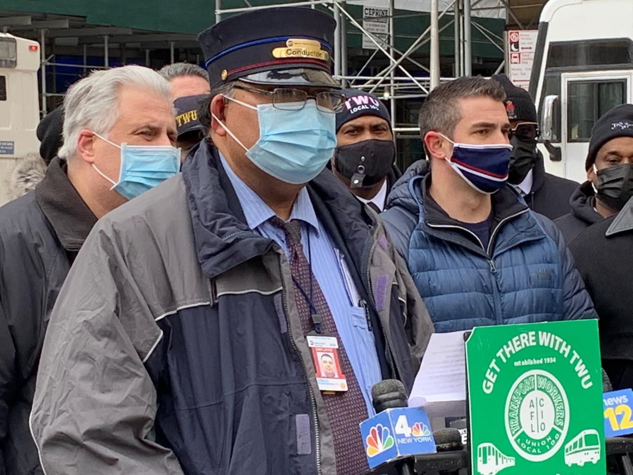 Edward Valente (right), the general chairman of the Association of Commuter Rail Employees, wants the MTA to ease the mask mandate for passengers on trains. He says his conductors have been spit on and assaulted for telling passengers to wear a mask.