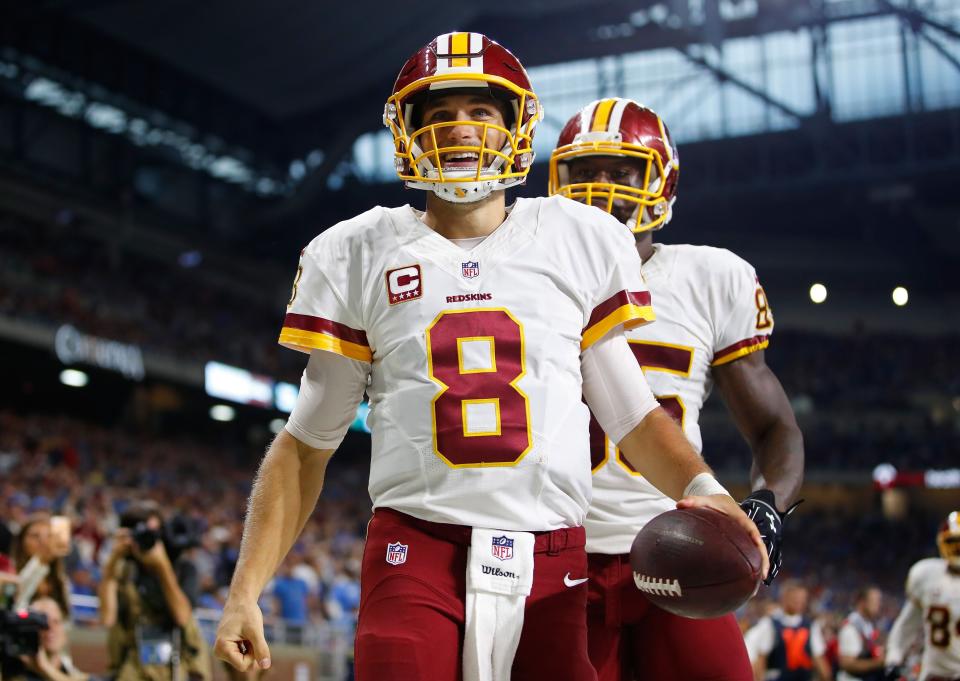 DETROIT, MI - OCTOBER 23: Kirk Cousins #8 of the Washington Redskins celebrates a touchdown while playing the Detroit Lions at Ford Field on October 23, 2016 in Detroit, Michigan (Photo by Gregory Shamus/Getty Images)