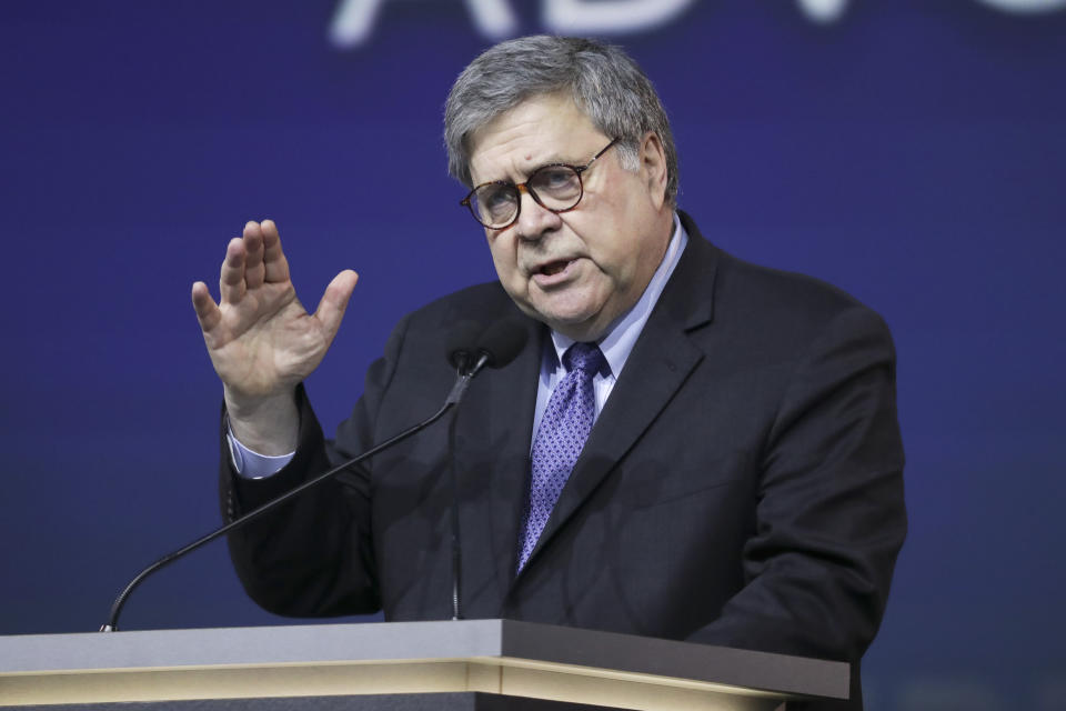 Attorney General William Barr speaks at the National Religious Broadcasters Convention Wednesday, Feb. 26, 2020, in Nashville, Tenn. (AP Photo/Mark Humphrey)