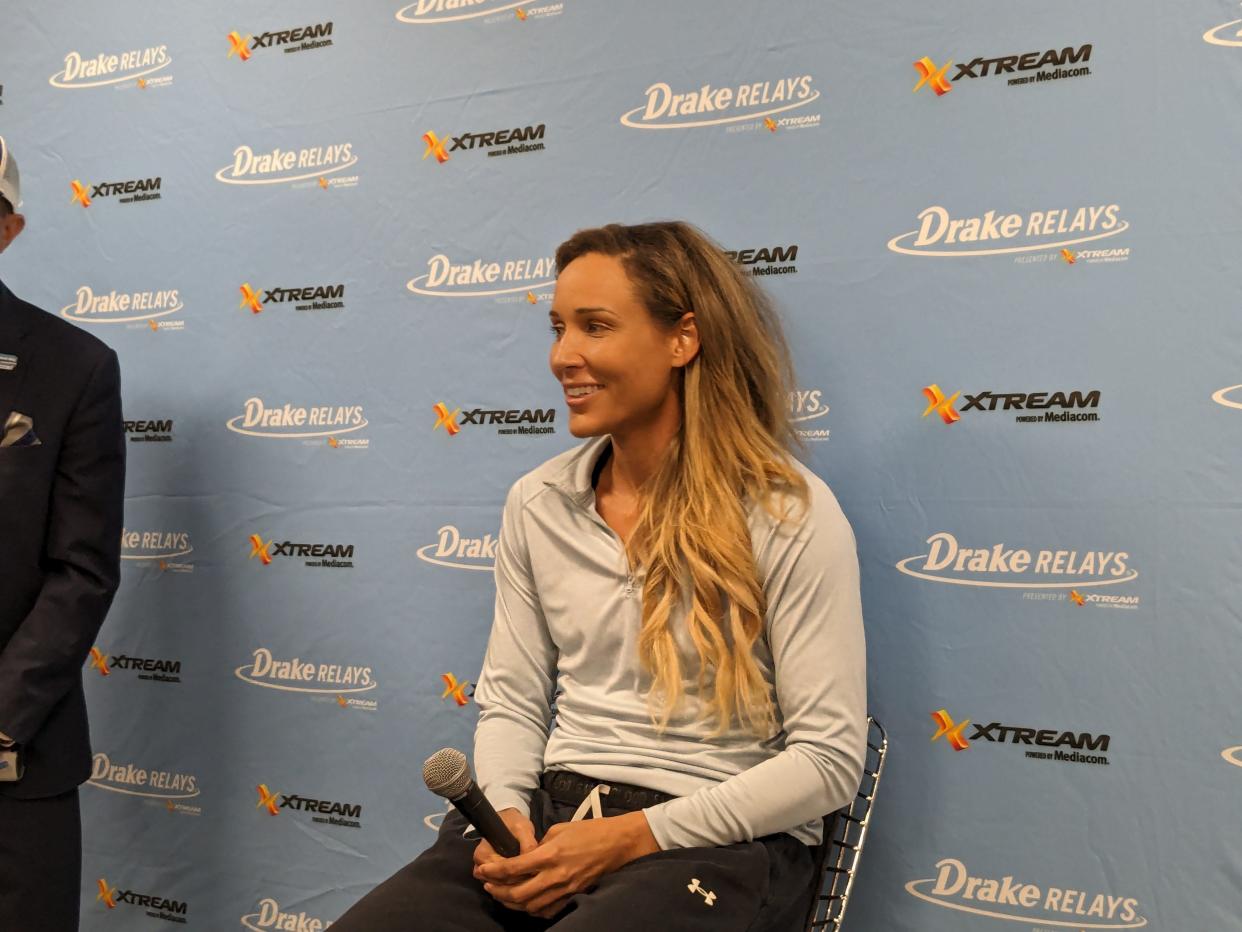 Lolo Jones speaks to media ahead of the Drake Relays, during which she'll compete in the women's 100-meter hurdles. She hopes to finish with a time of 12.95 seconds, the cutoff for the Olympic trials.