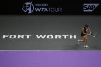 Jessica Pegula hits to Maria Sakkari, of Greece, in the WTA Finals tennis tournament in Fort Worth, Texas, Monday, Oct. 31, 2022. (AP Photo/Ron Jenkins)