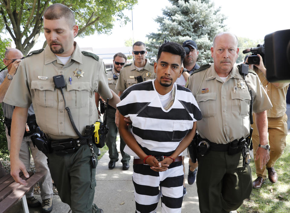 Cristhian Bahena Rivera is escorted into his initial court appearance in Montezuma, Iowa. Rivera was charged with first-degree murder in the death of Mollie Tibbetts. (Photo: AP Photo/Charlie Neibergall, File)