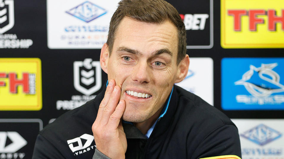 Pictured here, Cronulla coach John Morris at a press conference.