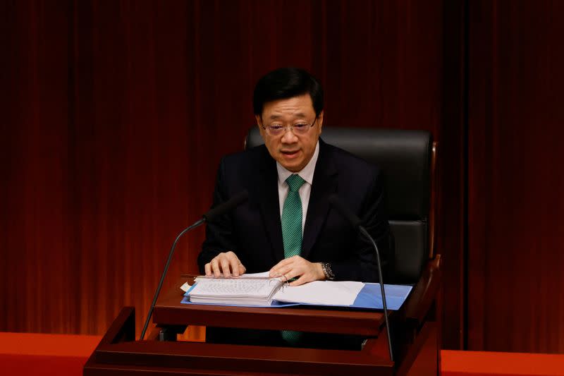 Hong Kong Chief Executive John Lee delivers his annual policy address at the Legislative Council in Hong Kong