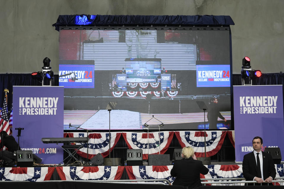 A stage is set at a campaign event for presidential candidate Robert F. Kennedy Jr., Tuesday, March 26, 2024, in Oakland, Calif. Kennedy is expected to announce a running mate. (AP Photo/Eric Risberg)