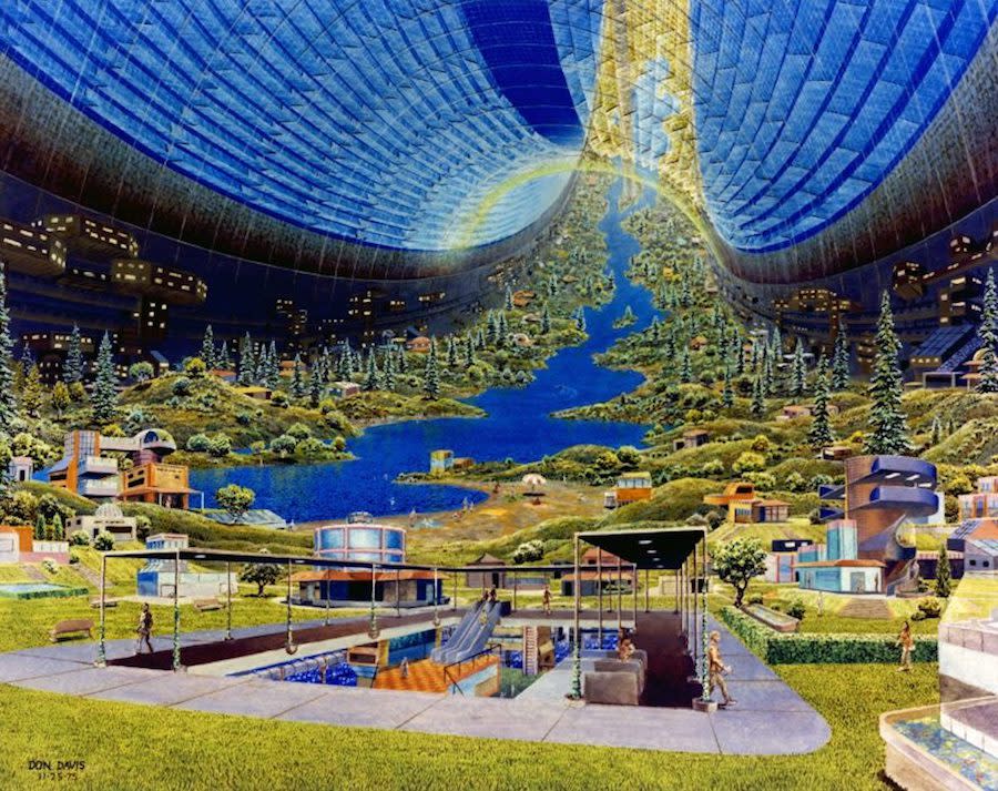 An artist rendering of a idyllic spinning space station human settlement