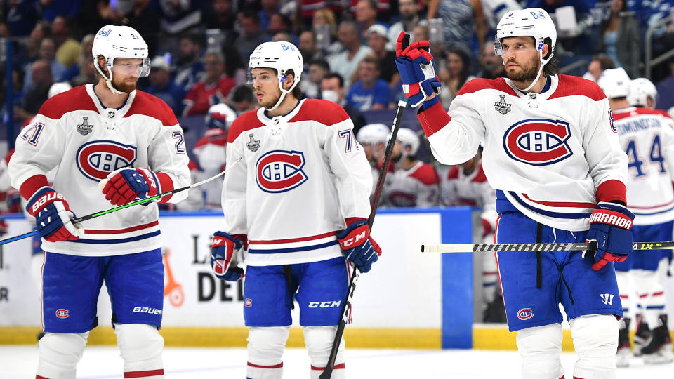 TAMPA, FLORIDA - JUNE 28: Ben Chiarot #8 of the Montreal Canadiens signals from the ice while playing against the Tampa Bay Lightning during the first period of Game One of the 2021 Stanley Cup Final at Amalie Arena on June 28, 2021 in Tampa, Florida. (Photo by Florence Labelle/NHLI via Getty Images)