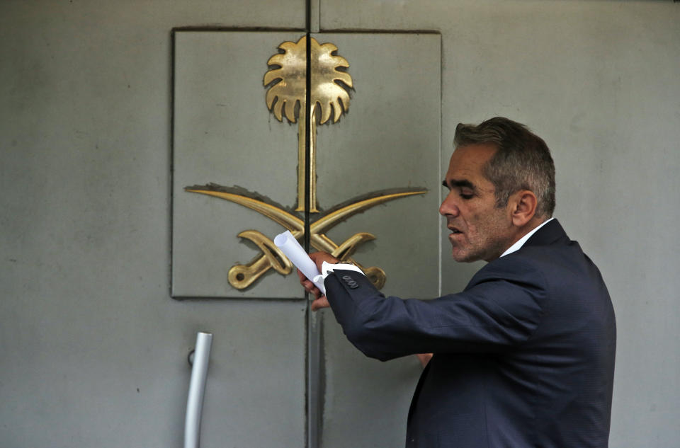 A security guard waits to enter Saudi Arabia's consulate in Istanbul, Tuesday, Oct. 23, 2018. Saudi officials murdered Saudi writer Jamal Khashoggi in their Istanbul consulate after plotting his death for days, Turkey's President Recep Tayyip Erdogan said Tuesday, contradicting Saudi Arabia's explanation that the writer was accidentally killed. He demanded that the kingdom reveal the identities of all involved, regardless of rank. (AP Photo/Lefteris Pitarakis)