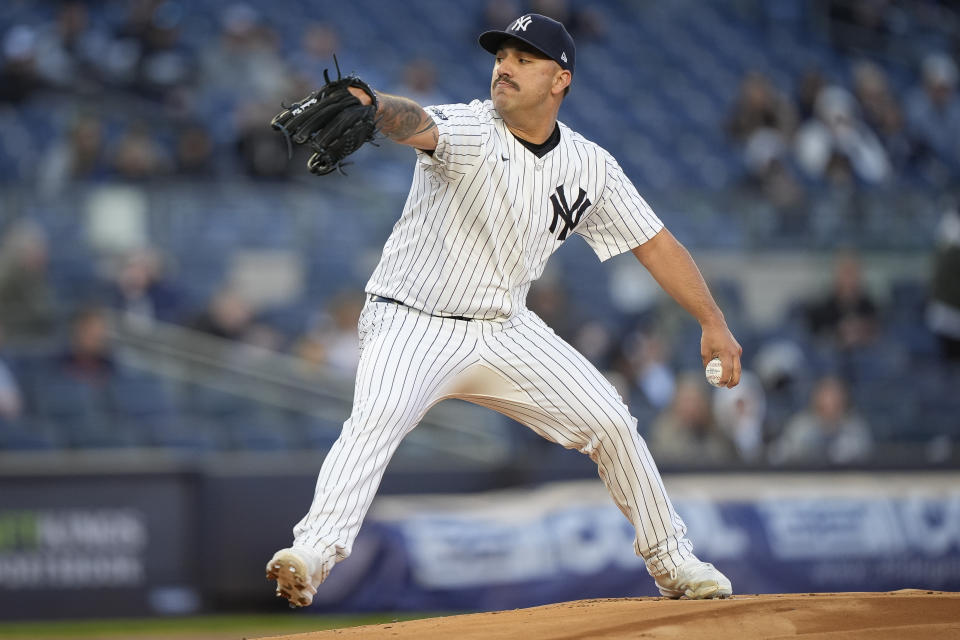 New York Yankees pitcher Nestor Cortes (65) pitches during the first inning of a baseball game against the Oakland Athletics, Thursday, April 25, 2024, in New York. (AP Photo/Bryan Woolston)